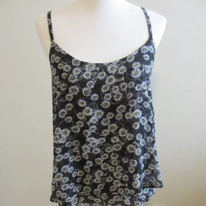 HOT TOPIC DOUBLE SHEER FABRIC SPAGHETTI STRAP TOP, BLACK WITH DAISEYS, MED